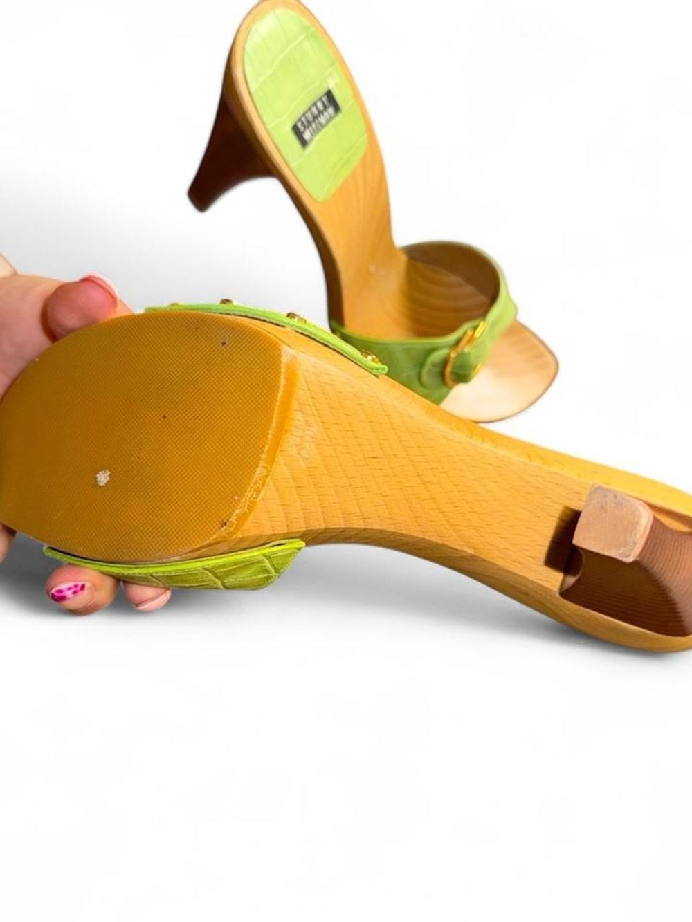 Y2K Stuart Weitzman Lime Green Croc-Embossed Leather Wood Block Heel Mules - Picture 3 of 6
